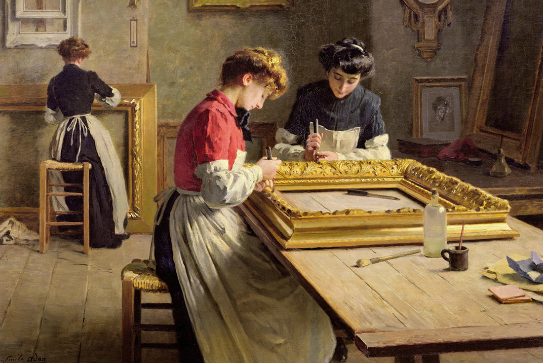 Chez le doreur, c.1905, o/c, 60.5 x 81.5 cm., showing two women in the foreground burnishing a frame (Reproduction) 